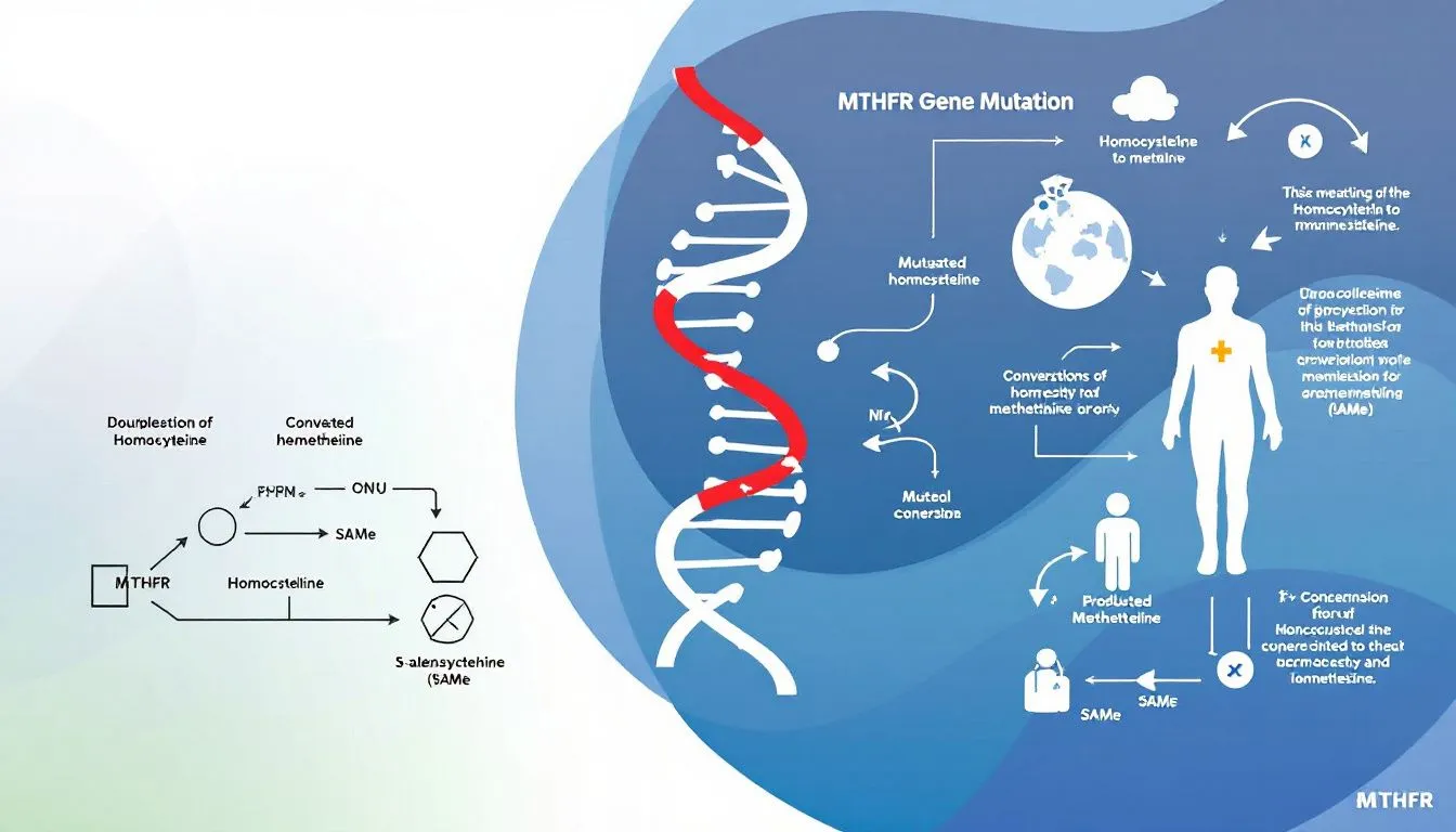 An illustration depicting the MTHFR gene mutation and its impact on health.