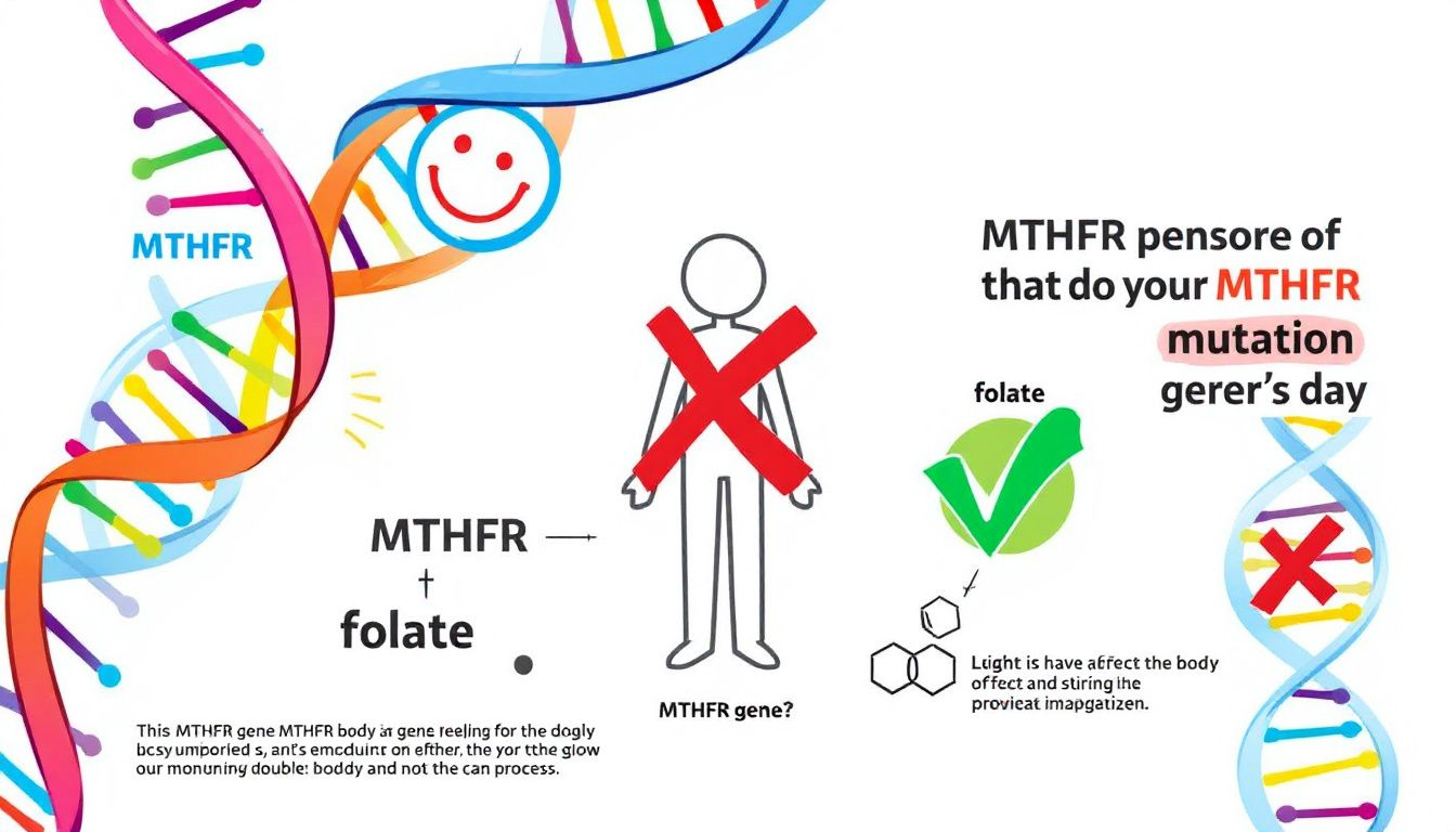 Illustration of the MTHFR gene mutation and its effects.