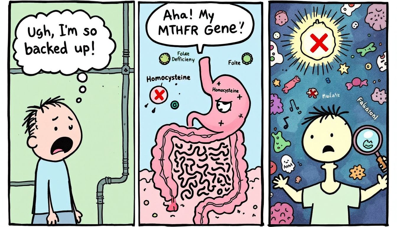 Diagram illustrating the causes of constipation in individuals with MTHFR mutations.