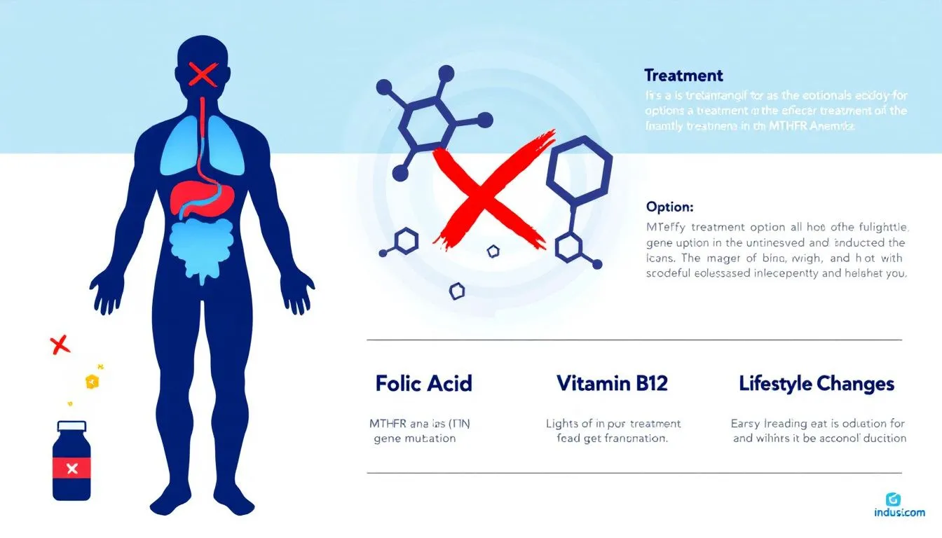 An illustration of treatment options for MTHFR anemia, including folic acid and vitamin B12.
