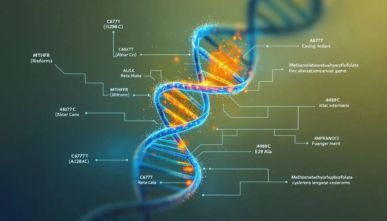 An illustration of the MTHFR gene structure and its variants.